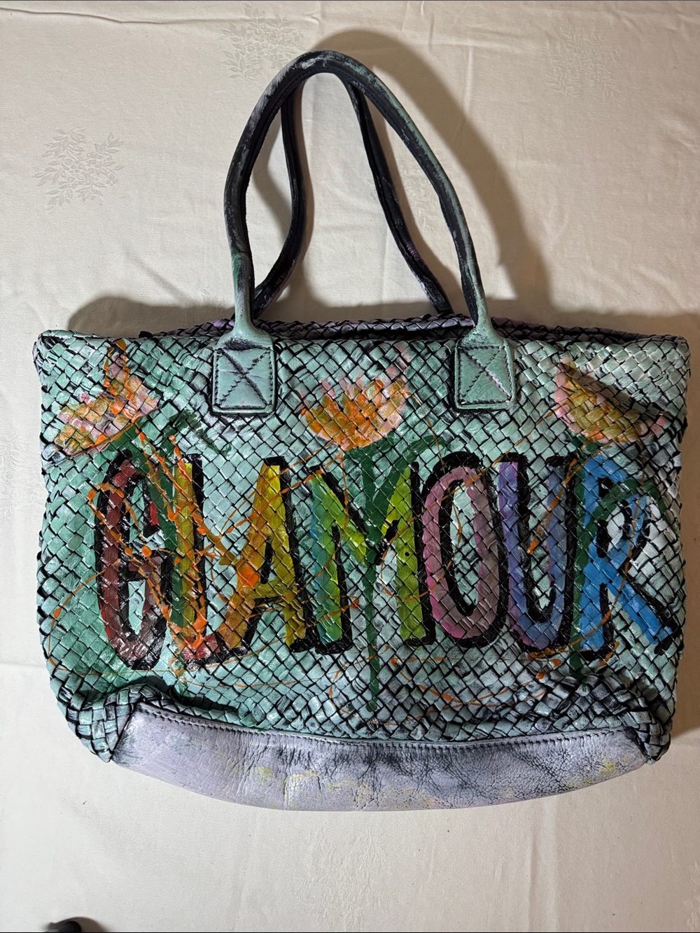 Vera Pelle Leather Graffiti Painted Woven Tote Bag - Multicolor